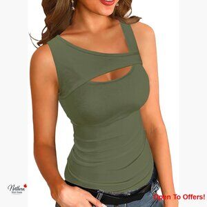 Ribbed Cut Out Square Neck Tank Top Fitted Sleeveless Summer Shirt